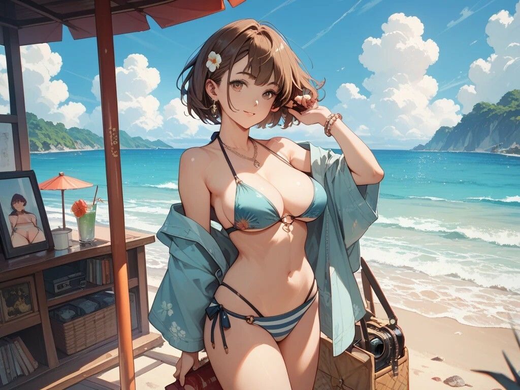 OLオフィスプレイと浜辺を楽しむ美女とキャンプ好き美女 サンプル画像3